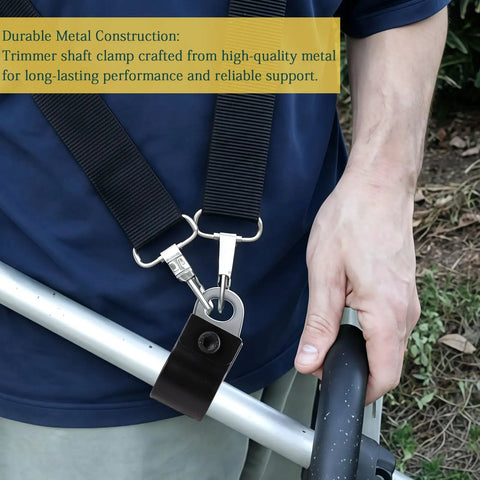 Badass Weed Eater Shoulder Strap Clamp Bracket Compatible With 26Mm And 28Mm Tubes showing metal clamp on trimmer shaft.