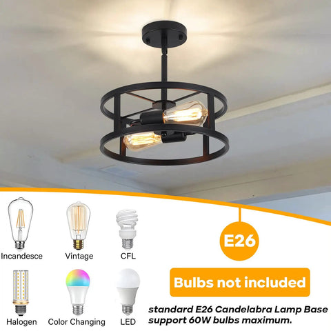 Industrial Black Semi Flush Mount Ceiling Light With Adjustable Height And Two Light Fixtures installed on ceiling