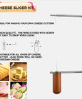 Top Shelf Cheese Slicer Kit With Kickass Stainless Steel Wires And Slick Wood Handles Plus Assembly Hex Key and Replacement Parts, close-up of wire cutter, suitable for cheese crafting.