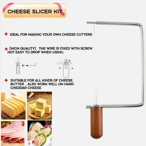 Top Shelf Cheese Slicer Kit With Kickass Stainless Steel Wires And Slick Wood Handles Plus Assembly Hex Key and Replacement Parts, close-up of wire cutter, suitable for cheese crafting.