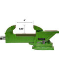 Heavy Hitter 4 Inch Bench Vise With 360 Degree Swivel Base And No Nonsense Clamping Power For Home Shop Woodworking And Auto Builds, green cast iron, showing 4 inch jaws.