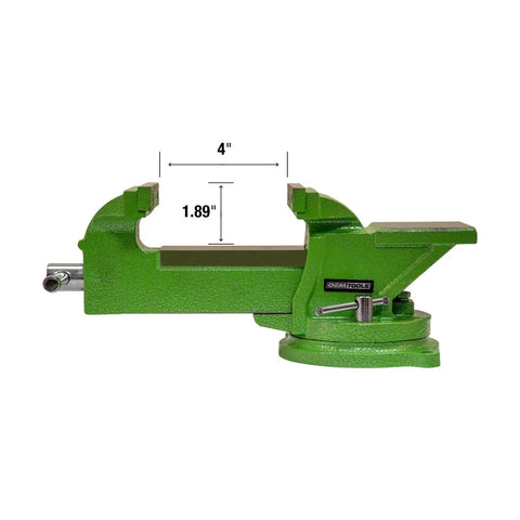 Heavy Hitter 4 Inch Bench Vise With 360 Degree Swivel Base And No Nonsense Clamping Power For Home Shop Woodworking And Auto Builds, green cast iron, showing 4 inch jaws.