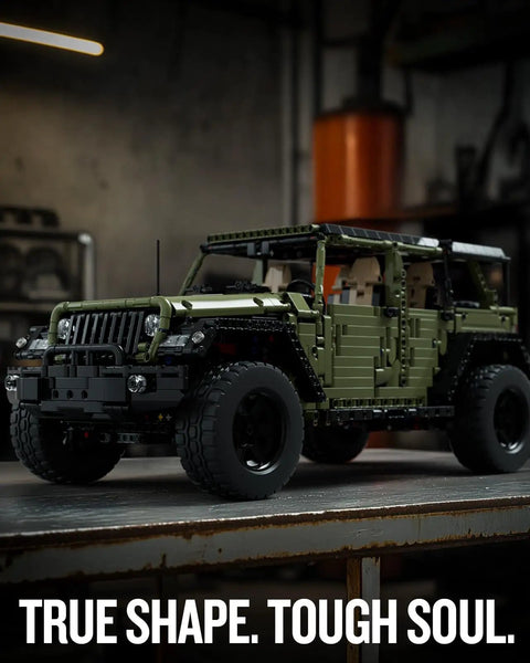 4x4 Off Road Car Building Kit For Adults With Open Roof And Doors, Military Style Model on display table