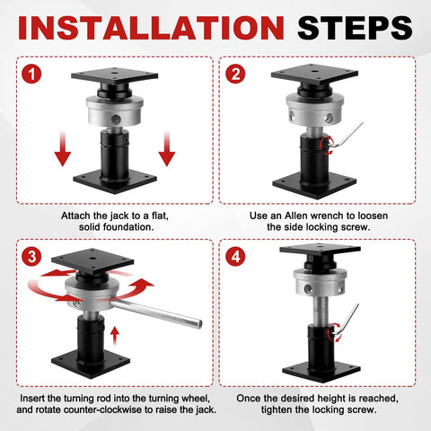 Installation steps for Heavy Duty Adjustable Screw Jacks For Home Leveling With Built Tough Steel Frames Holding 22046 Lbs.