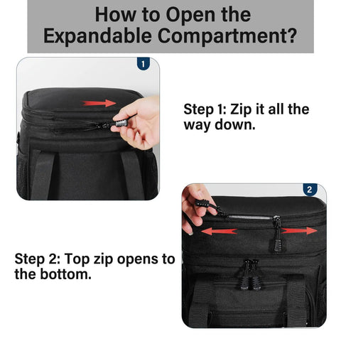 Expandable Tactical Lunch Box 16L Large Insulated Cooler Bag showing zipper instructions for expanding compartment.