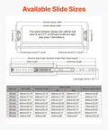Diagram showing available slide sizes for heavy duty 30 inch drawer slides 250 lb capacity with locking ball bearing side mounts.
