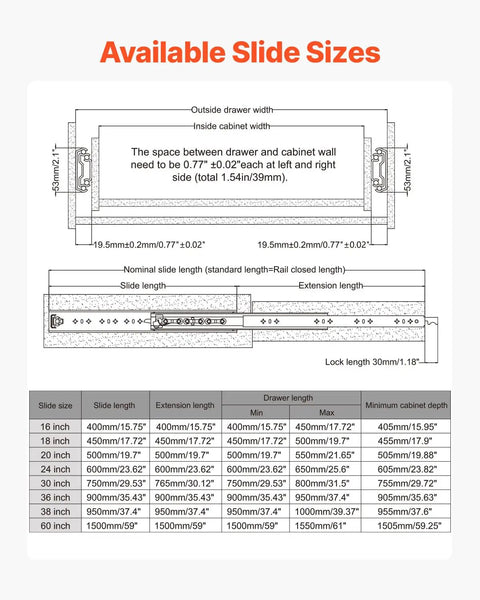 Diagram showing available slide sizes for heavy duty 30 inch drawer slides 250 lb capacity with locking ball bearing side mounts.