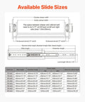 Diagram showing available slide sizes and dimensions for Beefy Heavy Duty 24 Inch Drawer Slides Pair With Locking 250 Lb Capacity.