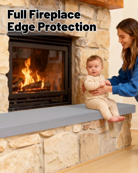 High Density NBR Foam Fireplace Hearth Pad For Straight Up Baby Proofing And Toddler Safety With Strong Adhesive Backing To Soften Sharp Brick Corners In Warm Gray on fireplace with mother and baby.