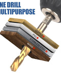 Drill bit cutting through layers of copper, PVC, stainless steel, and wood, labeled for multipurpose drilling.
