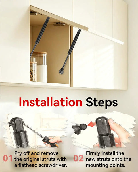 Heavy Duty 7.5 Inch Gas Struts installation on cabinet lid with two shocks for lids 11 to 15 inches ensuring smooth lift and safe support.