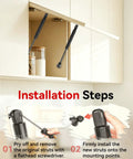 Installation steps for Pair Of 7.5 Inch Gas Struts With 30 Pound Force, Smooth Kick Cabinet Door Lift Shocks for Storage Boxes.