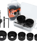 Front view: HORUSDY 8-piece hole saw kit with case, mandrel, hex key and drill bits; 25–54 mm for soft wood, plywood, PVC