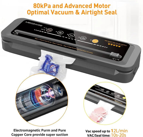 Heavy Duty Home Vacuum Sealer With 80kPa Suction Power Bags And Cutter Included Compact One Click Auto Seal in gray with control panel.