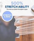 Image of 12 Pack 5 Inch By 1000 Foot Stretch Film Wrap With Handles For Moving And Storage, 3 Inch Core, showing 500 Percent Stretch ability.