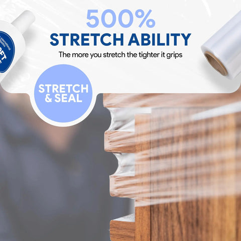 Image of 12 Pack 5 Inch By 1000 Foot Stretch Film Wrap With Handles For Moving And Storage, 3 Inch Core, showing 500 Percent Stretch ability.
