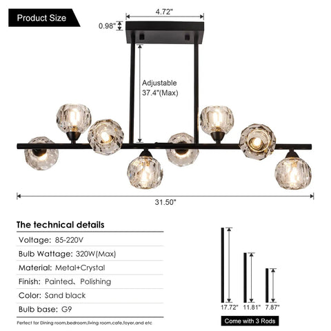 Modern Black Sputnik Chandelier With Crystal Ball Shade Dope 8 Light Industrial Globe Pendant Lighting For Kitchen Island And Dining Room Linear Hanging Fixture Anti Rust Metal Frame, 31.50 inches, adjustable rods
