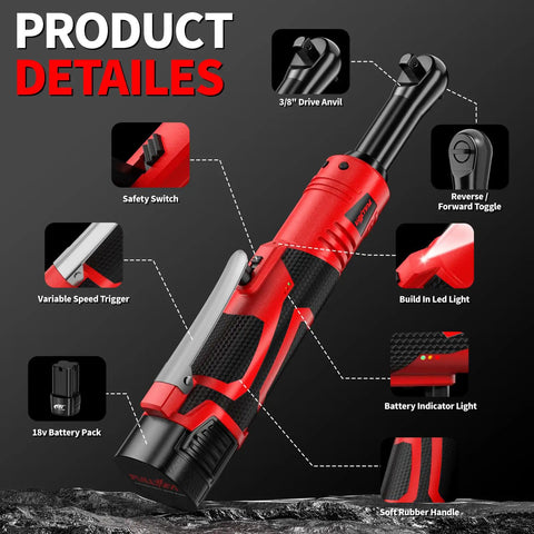 Detailed features of Cordless 18V Electric Ratchet Wrench Set With Variable Speed and LED Light, 3/8 inch drive, 40 ft-lb torque