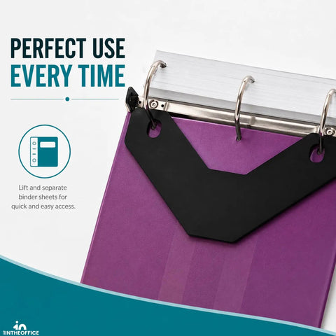 Slick Triangular Binder Sheet Lifters For Three Ring Binders Smooth Page Turners And Document Guards In Sharp Black Style, lifting purple binder sheets.