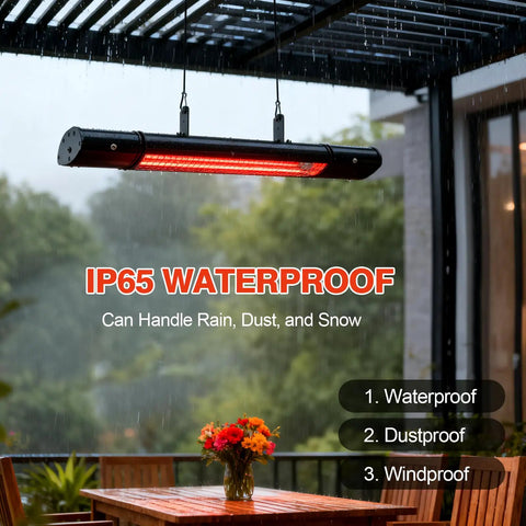 Outdoor Patio Heater With Remote Control And Built In Temperature Control 1500W Hanging Or Ceiling Or Wall Mounted For Indoor And Outdoor Use IP55 Weatherproof Black