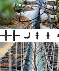 Close-up of black plastic irrigation fittings kit, 300 pcs, 1/4 inch barbed connectors with tees and elbows