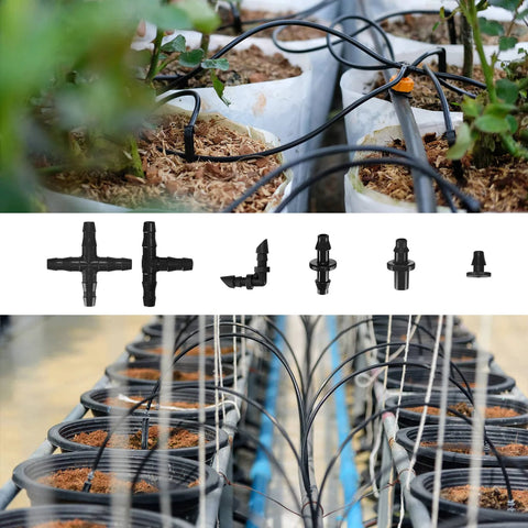 Close-up of black plastic irrigation fittings kit, 300 pcs, 1/4 inch barbed connectors with tees and elbows