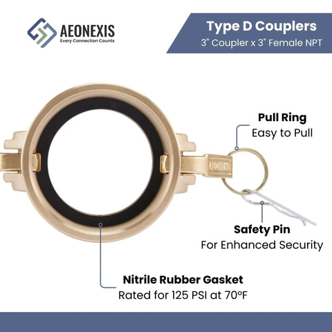 3 Inch Camlock Fittings Type D Heavy Duty Forged Brass Coupler With Female NPT Adapter showing pull ring and rubber gasket details.