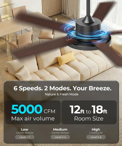 Smart 52 Inch Rgb Cw Led Ceiling Fan With Remote App Voice Control Hella Quiet Dc Motor Energy Saving Breezy Airflow Modern Living Room Bedroom Lighting In Black with 6 speed settings and 5000 CFM air volume.