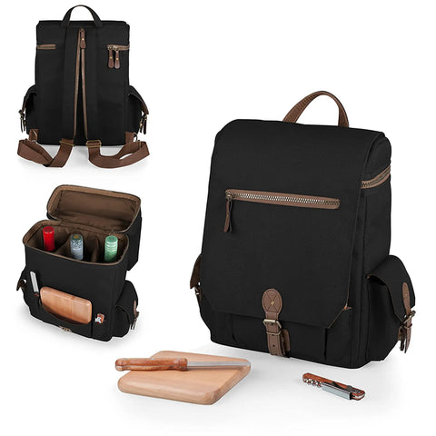 Premium Three Bottle Insulated Wine Carrier Featuring Engraved Cheese Board Precision Knife And Reliable Corkscrew Built For Quick Getaways Or Chilled Backyard Kickbacks In Sophisticated Matte Black.