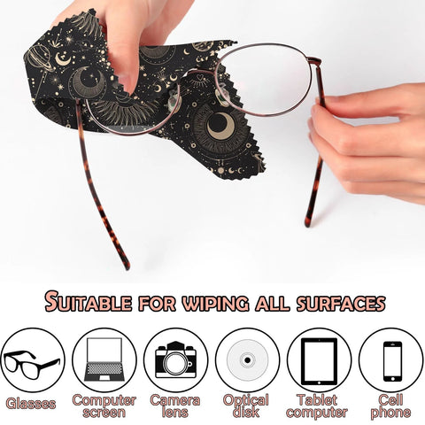 Front view: six-pack microfiber eyeglasses cleaning cloths with black celestial pattern (6.3x6.3 inches)