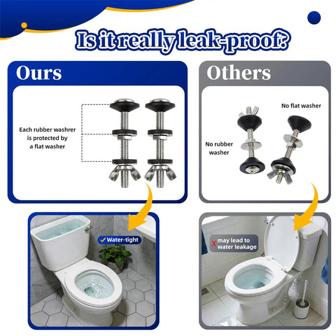 Universal Toilet Tank To Bowl Bolt Repair Kit Four Piece Solid M8 Silver Hardware comparison showing water-tight design and common issues.
