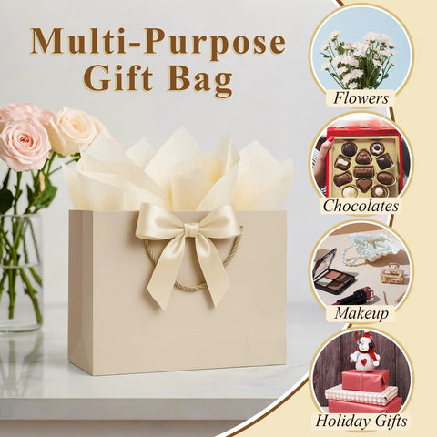 Champagne beige gift bag with handles, ribbon, and tissue for weddings, birthdays, baby showers, and more events.