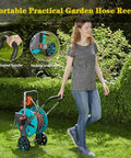 Heavy Duty Mobile Garden Hose Reel Cart with U-shaped handle and rock solid non slip tires, ideal for outdoor watering.