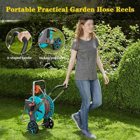 Heavy Duty Mobile Garden Hose Reel Cart with U-shaped handle and rock solid non slip tires, ideal for outdoor watering.