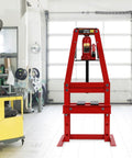 Heavy Duty 6 Ton Hydraulic Shop Press A Frame Benchtop With Press Plates And Adjustable Working Table Height For Car Repair And Garage Projects Red Pro Grade Construction in garage setting.