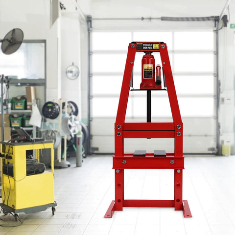 Heavy Duty 6 Ton Hydraulic Shop Press A Frame Benchtop With Press Plates And Adjustable Working Table Height For Car Repair And Garage Projects Red Pro Grade Construction in garage setting.