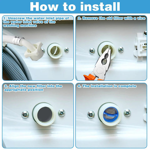 Installation steps for washing machine water filter kit inline for inlet valve debris guard with screen filter hose washer.