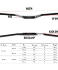 Full On Mountain Bike Handlebar, 31.8mm Clamp, 785mm Wide, 30mm Rise Beefy Alloy Riser Bar chart showing dimensions and specifications.