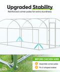 Diagram of Essential Series 18x9x6.6ft Metal Chicken Coop Run with assembly instructions and corner pole setup.
