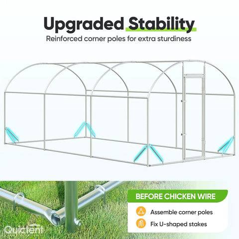 Diagram of Essential Series 18x9x6.6ft Metal Chicken Coop Run with assembly instructions and corner pole setup.