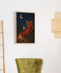 Framed artwork from Desert Camp Pepper Diamond Art Kit For Adults on white wall, depicting a pepper by a campfire under the night sky.