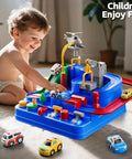 Epic Kids Car Race Track Set For Ages Three And Up with city course, cars, helicopter, toddler playing indoors.