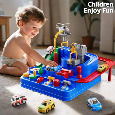 Epic Kids Car Race Track Set For Ages Three And Up with city course, cars, helicopter, toddler playing indoors.
