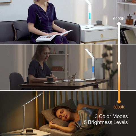 LED Desk Lamp With Wireless Charger And USB Port, Smart Table Light With Clock Alarm Date And Temperature in use