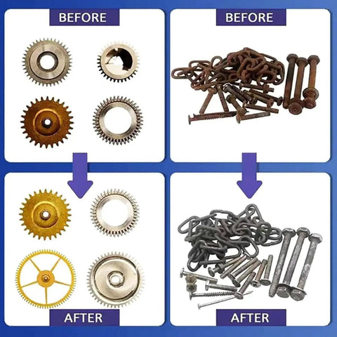Before and after image showing metal gears and parts cleaned with Vibrating Polisher For Jewelry And Metal Parts Low Noise Electric Tumbler Polishing Machine Pro Grade Rock Tumbler Kit For Small Parts Smooth Burrs Stains And Oils.