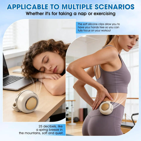 Portable Bladeless Clip On Fan For Waist Or Shirt Hands Free Personal Neck Wearable Cooling Fan in use for nap and exercise