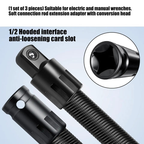 Flexible Socket Extension Rod Set Three Piece Half Inch Drive Metal Wrench Extender Kit with anti-loosening card slot