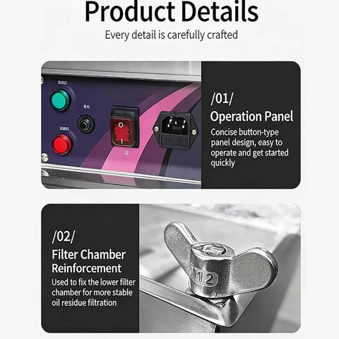 Built Tough Commercial Fryer Oil Filter Machine With Five Layer Stainless Steel Cartridge and Quick Automatic Return Flow For Real Restaurant Hustle Straight Up 10 Gallon Size operation panel and filter chamber details