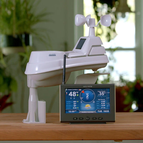 All In One Weather Station With Rain Gauge And Wind Speed Direction Indoor Outdoor Thermometer Wireless Sensor For Temperature And Humidity HD Display And Built In Barometer on wooden table