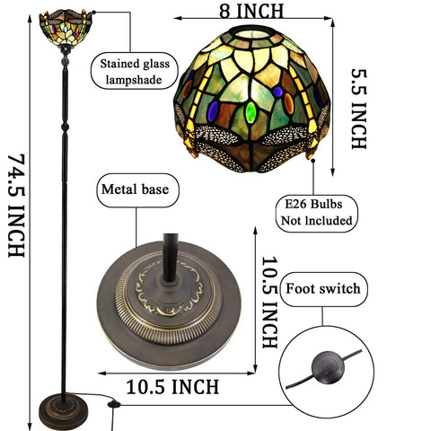 Tiffany Style Stained Glass Floor Lamp With Swivel Arm 72 Inch Tall Angle Adjustable Reading Light Antique Amber Yellow Dragonfly Shade